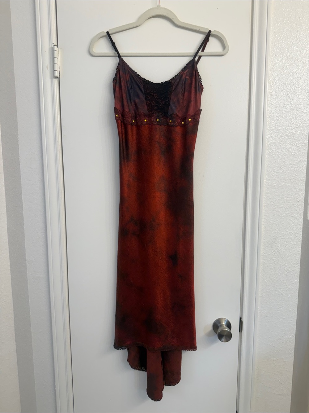 Vintage Y2K Bebe Burgundy Lace Rhinestone Handkerchief Midi Dress XS Made in USA